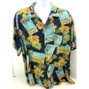 Breakwater Mens Size‎ 2XL Hula Glee Wahine Blue Honolulu Hibicus Hawaiian Shirt
